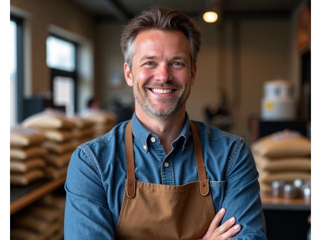 Smiling founder in the roastery among coffee sacks
