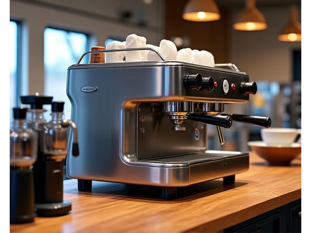A modern espresso machine with steam wands, professional grinders, and various coffee tools arranged neatly in a training setup.