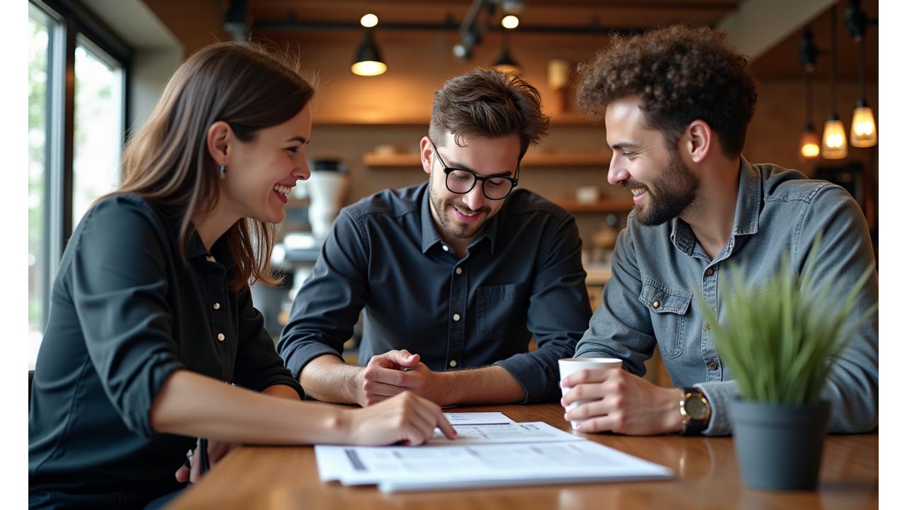 Team of coffee professionals reviewing business plans and coffee equipment in a modern cafe setting, embodying expert guidance.