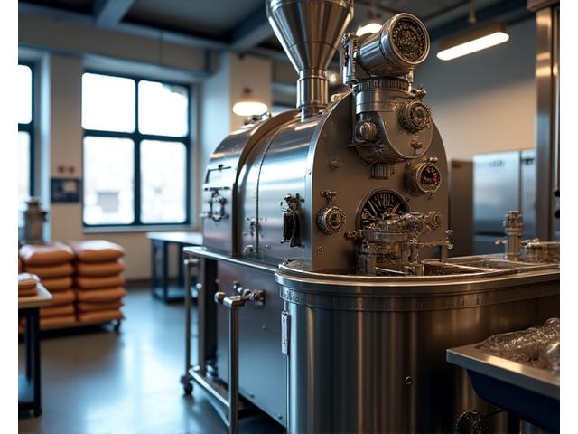 Shiny, modern industrial coffee roaster in a clean, well-lit setting