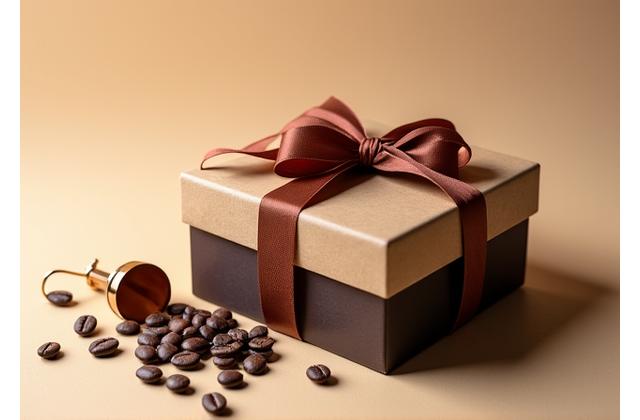 A beautifully wrapped coffee gift box with a ribbon, surrounded by artisanal coffee accessories, suggesting a perfect present.