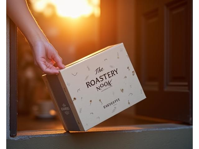 Hands placing a beautifully packaged coffee subscription box at a doorstep, fresh and inviting.