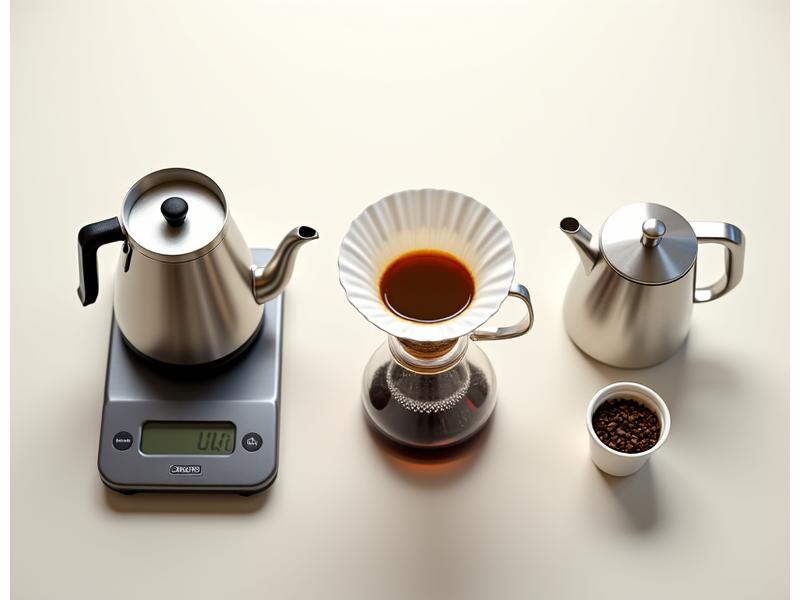 A meticulous coffee brewing setup: a v60 pour-over, a digital scale, and a kettle, with freshly ground decaf coffee, emphasizing precision.