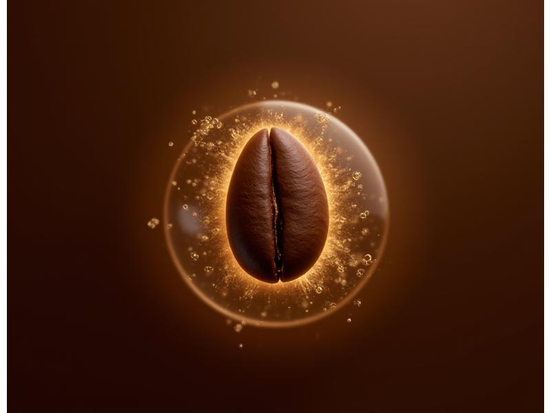A graphic illustration showing a 'flavor molecule' being preserved while caffeine is removed from a coffee bean, set against a dark, warm background.
