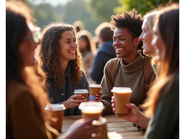 A diverse group of health-conscious individuals enjoying coffee and conversation at a community gathering, bathed in warm, inviting light.