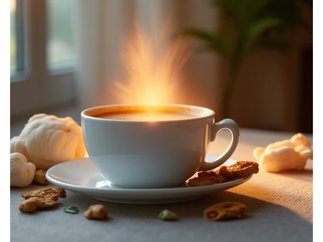 A serene coffee cup with a subtle glow, accompanied by brain-enhancing ingredients like lion's mane mushroom and ginkgo leaves.