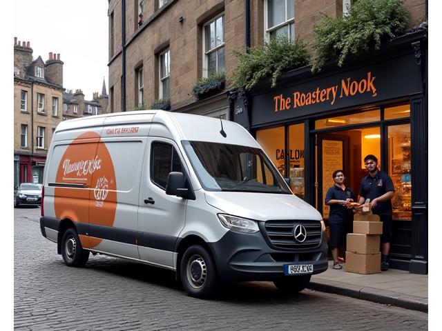 Delivery van with The Roastery Nook logo parked outside a café in Edinburgh, ready to unload coffee bags.